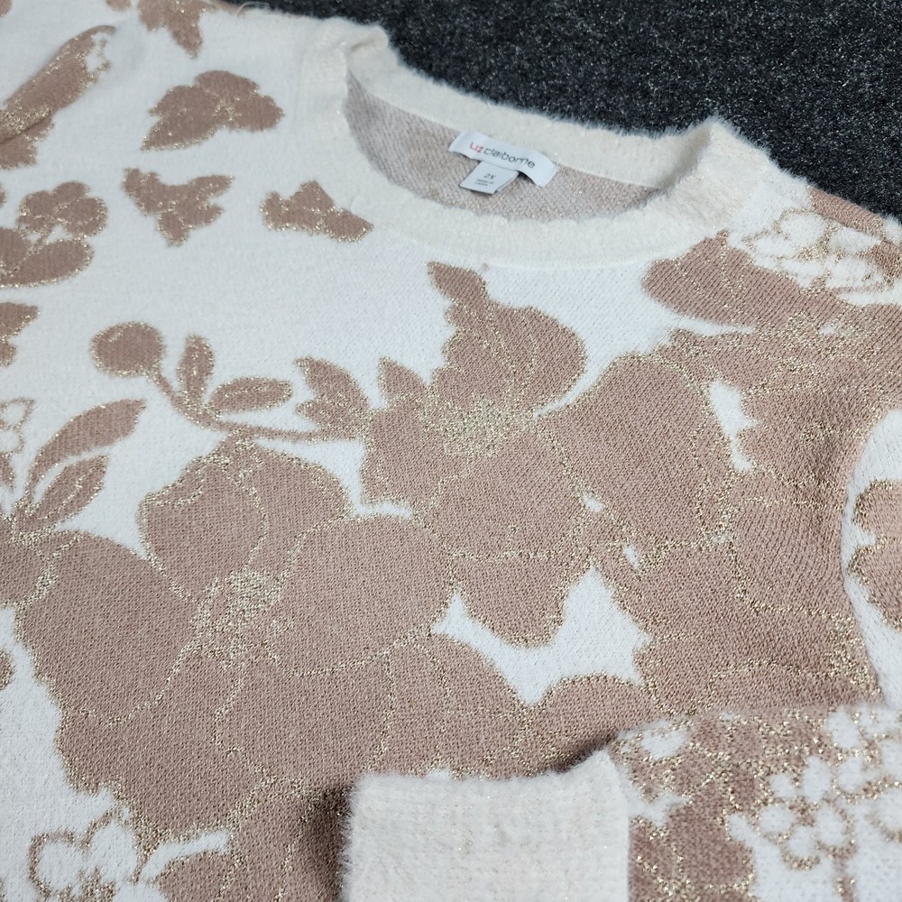 NWT Liz Claiborne Ivory Beige Floral Jacquard Knit Sweater Size 2X Casual Preppy